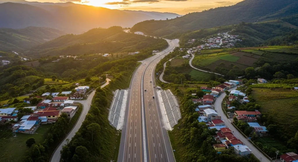Fotografía aérea de una carretera moderna atravesando un paisaje montañoso y comunidades rurales en Guatemala.