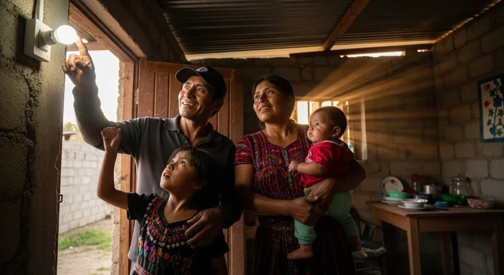 Fotografía de una familia guatemalteca encendiendo luces LED