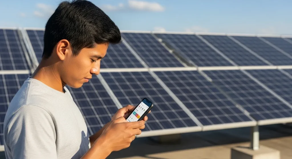 Fotografía de un joven guatemalteco usando una app en su celular