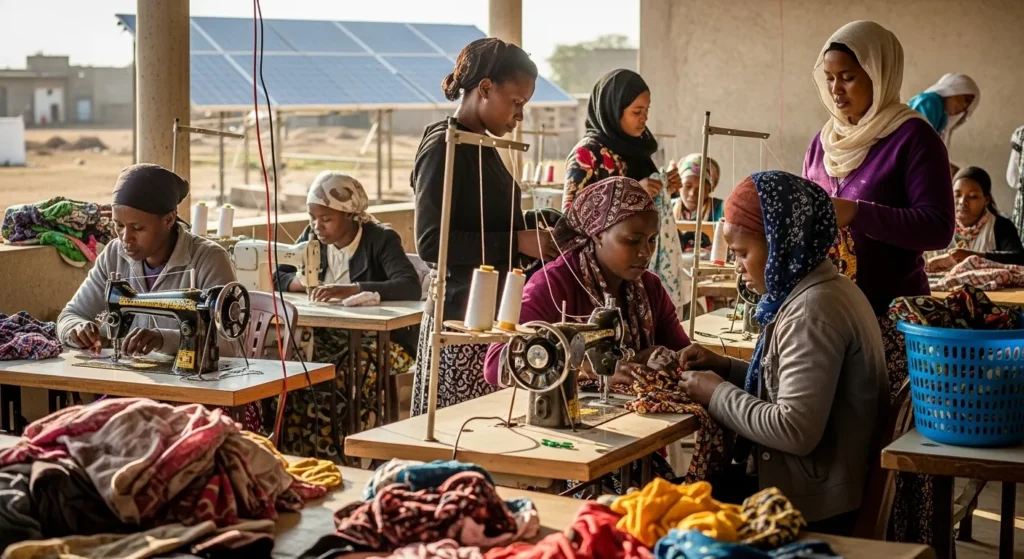Fotografía de un taller comunitario de mujeres usando máquinas de coser