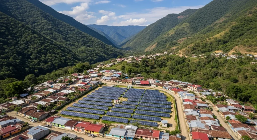 Fotografía aérea de paneles solares en una comunidad rural de Guatemala, rodeados de casas y montañas verdes.
