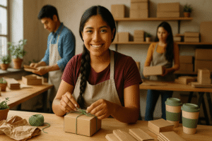 Emprendedora en guatemala sosteniendo un paquete de su producto