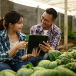 Productores agrícolas usando una tablet en el campo para monitorear cultivos y mejorar la seguridad alimentaria mediante tecnología.