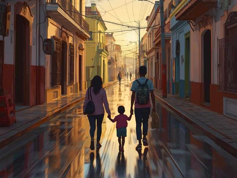 Familia caminando en una ciudad como reflejo del crecimiento urbano en Guatemala y sus nuevas rutinas.