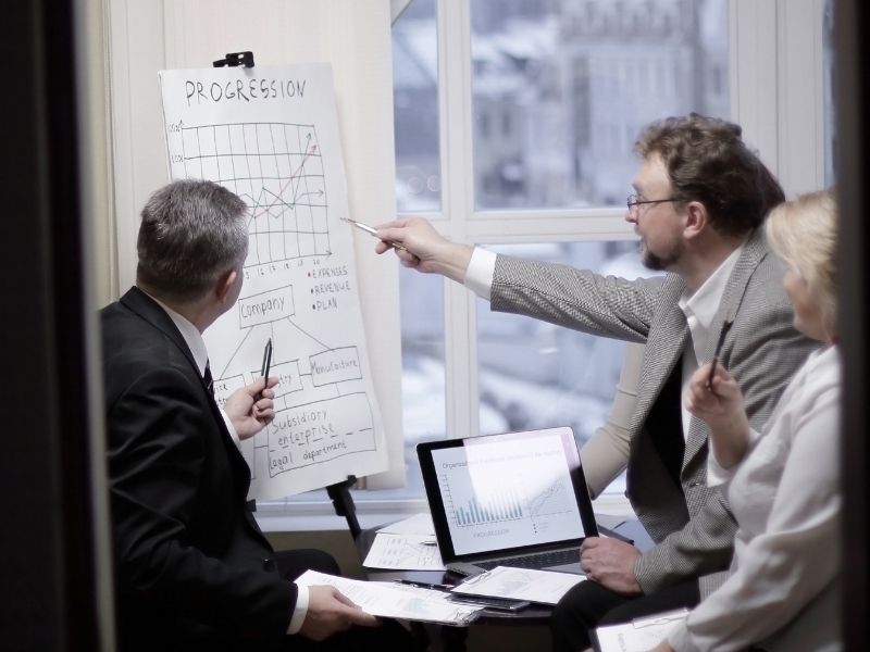 Equipo de empresarios en reunión con gráficas preparando estrategia comercial