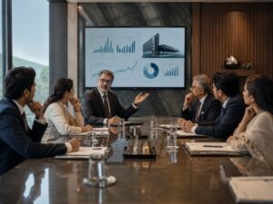 Junta directiva analizando indicadores financieros y estratégicos con la participación de un consejero independiente durante una sesión empresarial.