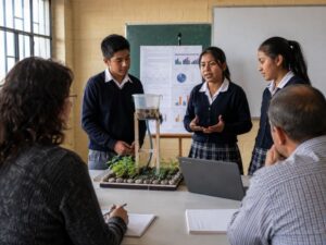 Estudiantes presentan los resultados de un proyecto STEM ante docentes y mentores, utilizando un prototipo y evidencia recopilada durante el proceso.