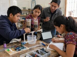 Estudiantes prueban un prototipo STEM, registran resultados y reciben retroalimentación técnica durante una actividad práctica en Guatemala.
