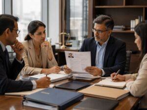 Integrantes de una empresa revisando el perfil profesional de un candidato a consejero independiente durante un proceso de selección.