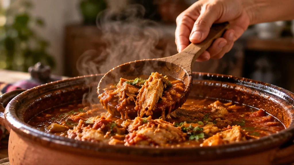 Guiso tradicional servido en una olla de barro con arroz y tortillas, evocando la memoria alimentaria y los sabores de la cocina familiar.