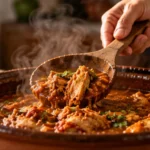 Guiso tradicional servido en una olla de barro con arroz y tortillas, evocando la memoria alimentaria y los sabores de la cocina familiar.