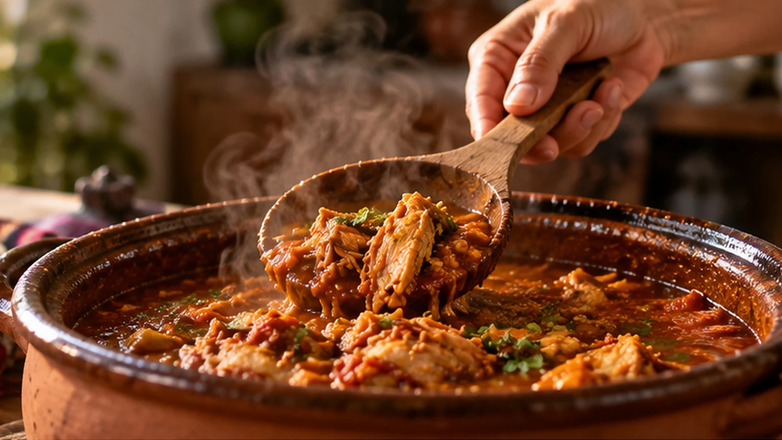 Guiso tradicional servido en una olla de barro con arroz y tortillas, evocando la memoria alimentaria y los sabores de la cocina familiar.