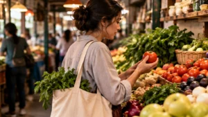 Mujer seleccionando tomates frescos en un mercado local, mostrando cómo los ingredientes y las costumbres de compra forman parte de la memoria alimentaria.