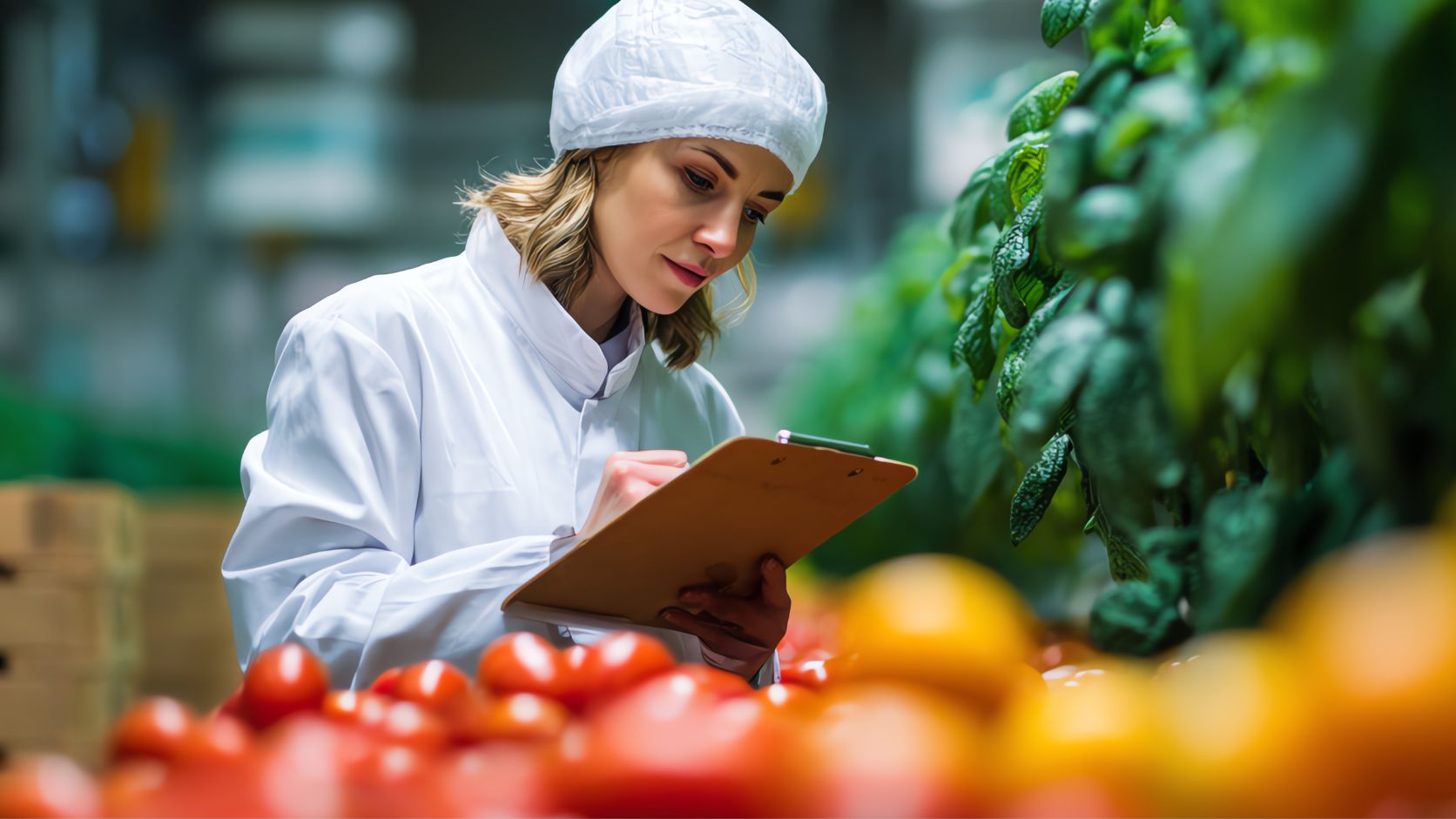 Trabajadora inspeccionando productos agrícolas frescos como parte del control de calidad en la industria alimentaria en Centroamérica.